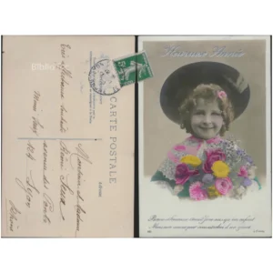 Enfant souriante avec chapeau et bouquet...  1908