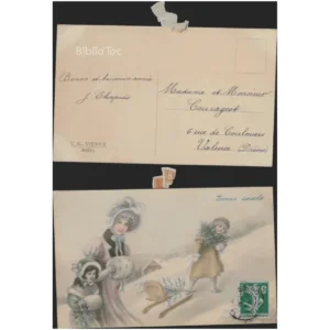 Mère et enfants Bonne année Luge Sapin M...