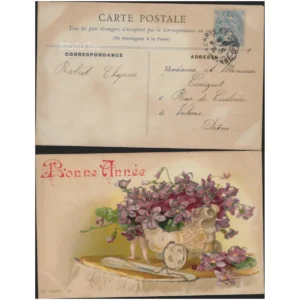 Chariot de violettes éventail Bonne Anné...  1908